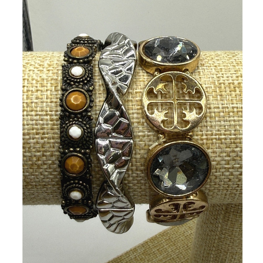Boho Eclectic Mixed Metal Stackable Stretch Bracelet Bundle Lot of 3